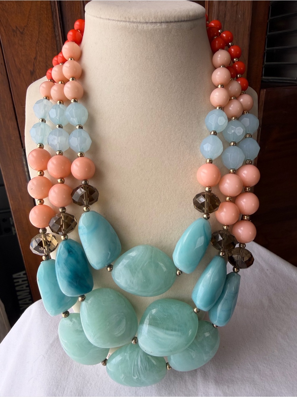 Coastal Pastel Multi Strand Statement Necklace Coral Aqua Blue Seafoam Beaded